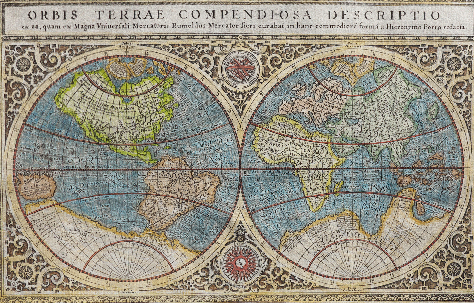 SUPERB MERCATOR S WORLD MAP OF 1569 REDUCED BY PORRO MAGINI